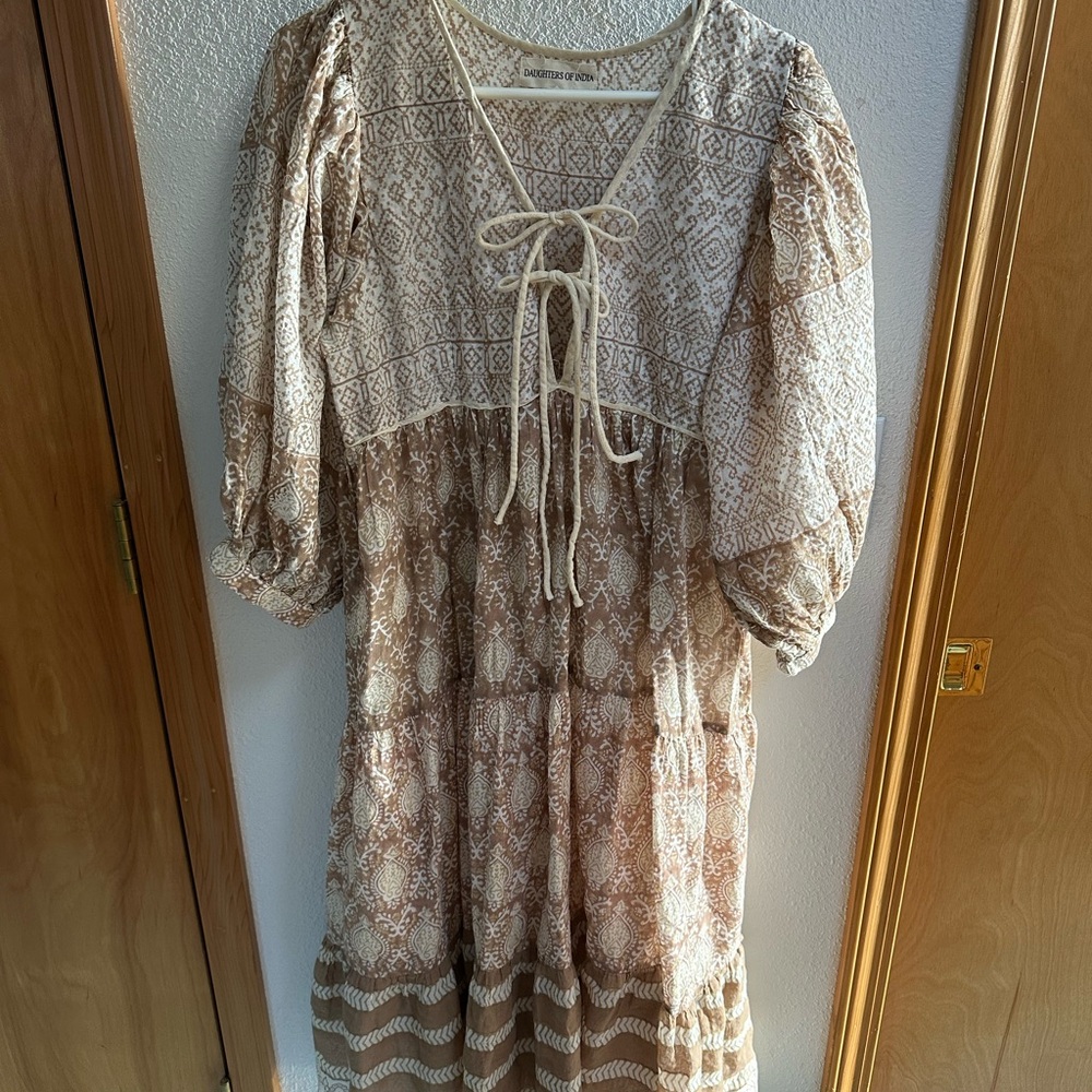 Daughters of India Cream and Brown Long Sleeve Dress